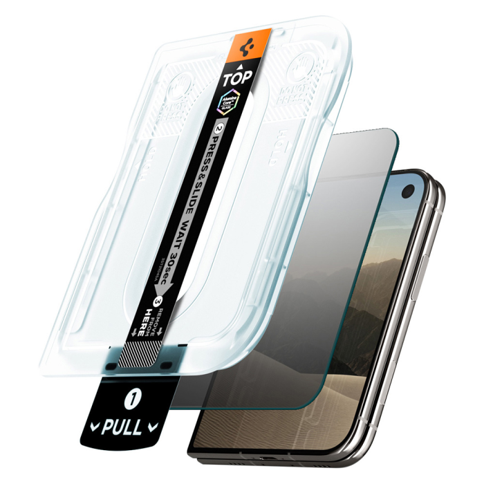 Folie sticla privacy iPhone Duo, Spigen GLAS.tR EZ Fit Pro, Set 2 bucati, Aplicator inclus, Duritate 10H+, Filtru Privacy [2]