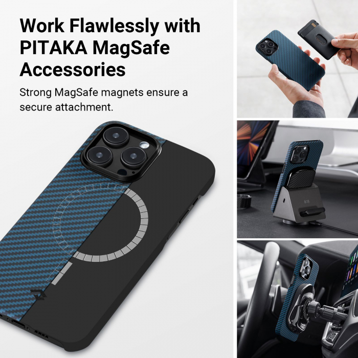Husa MagEZ 4 Pitaka, Aramida iPhone 15 Plus 1500D Negru/Albastru MagSafe [16]