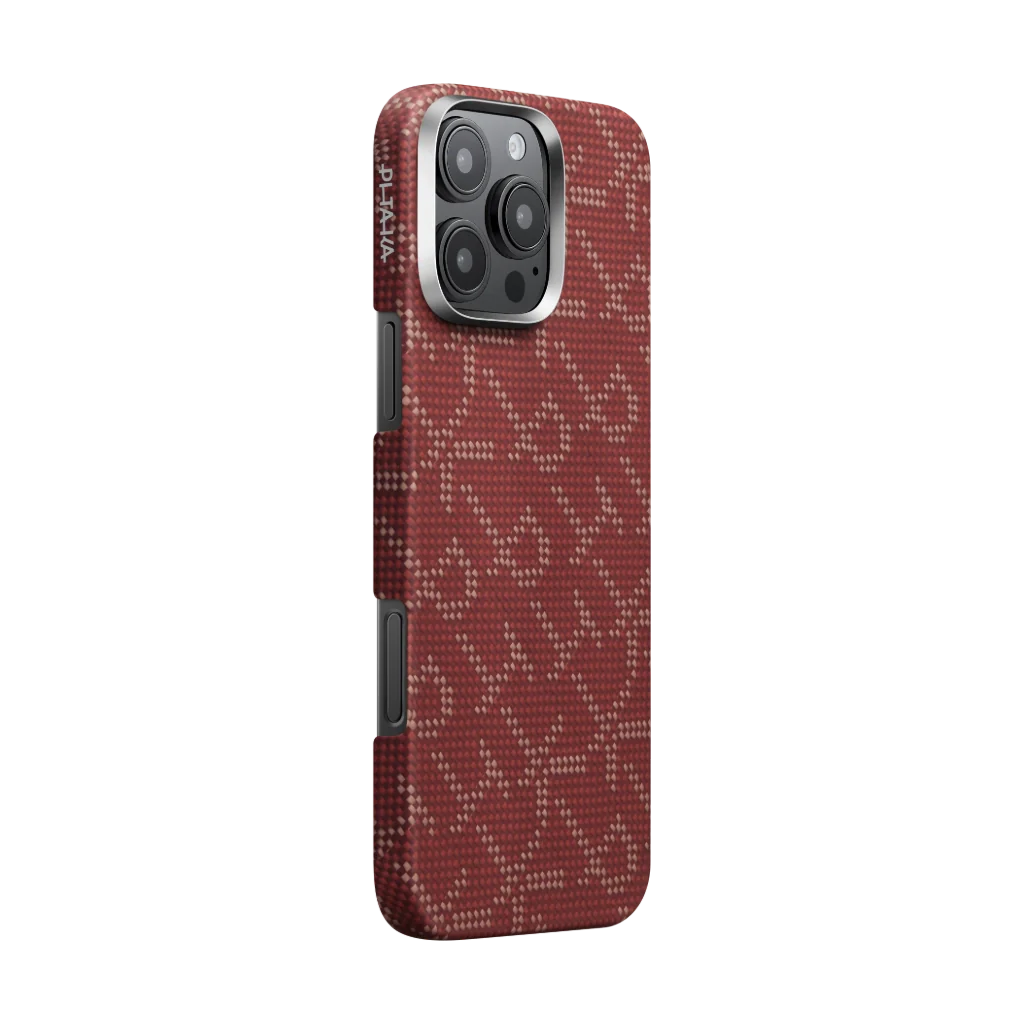 Husa PITAKA MagEZ Case 5 Monogram din Fibra de Aramida 600D, pentru iPhone 16 Pro Max, Auriu/Rosu, Ultra Slim, Compatibila MagSafe [2]