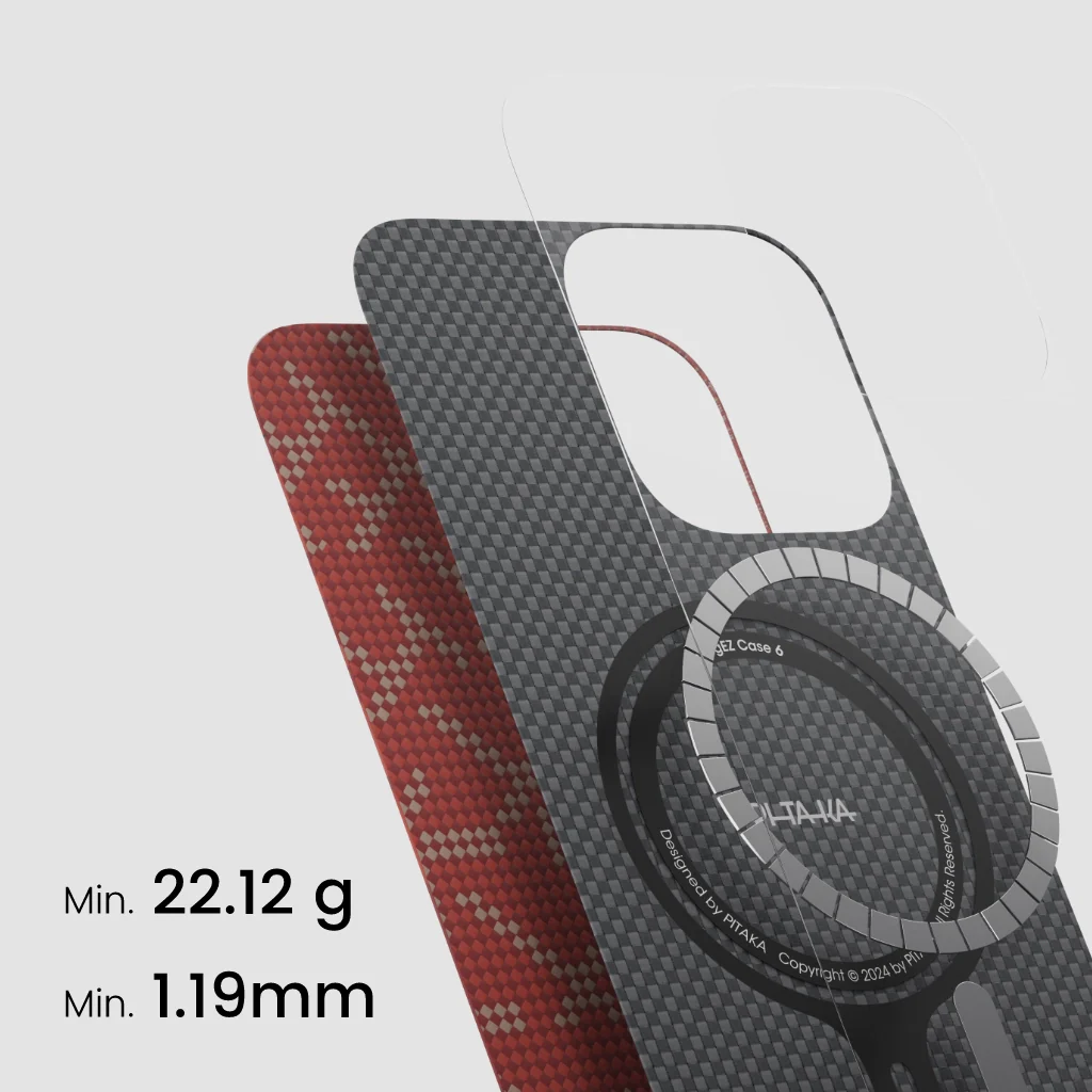 Husa PITAKA MagEZ Case 5 Monogram din Fibra de Aramida 600D, pentru iPhone 16 Pro, Auriu/Rosu, Ultra Slim, Compatibila MagSafe [6]