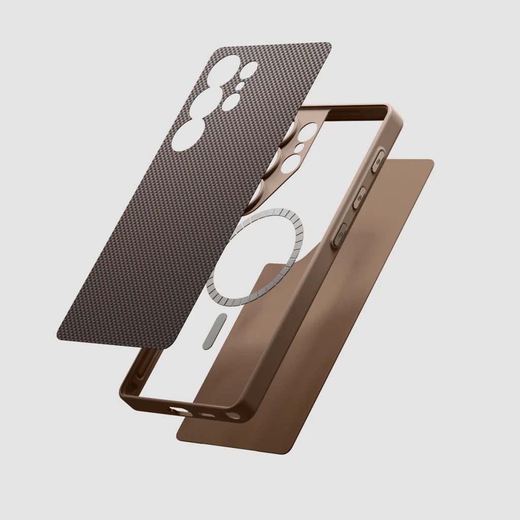 Husa PITAKA MagEZ Case Pro PinButton din Fibra de Aramida pentru Galaxy S25 Ultra, Maro, Compatibila MagSafe [7]