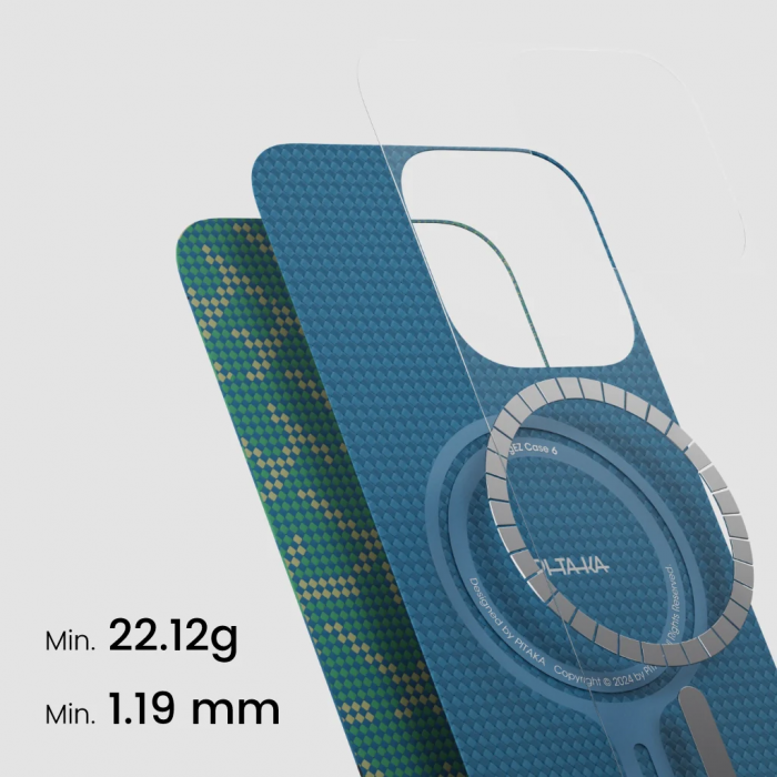 Husa PITAKA MagEZ Case 5 Monogram din Fibra de Aramida 600D, pentru iPhone 16 Pro, Auriu/Verde, Ultra Slim, Compatibila MagSafe [3]