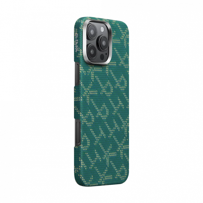 Husa PITAKA MagEZ Case 5 Monogram din Fibra de Aramida 600D, pentru iPhone 16 Pro Max, Auriu/Verde, Ultra Slim, Compatibila MagSafe [2]