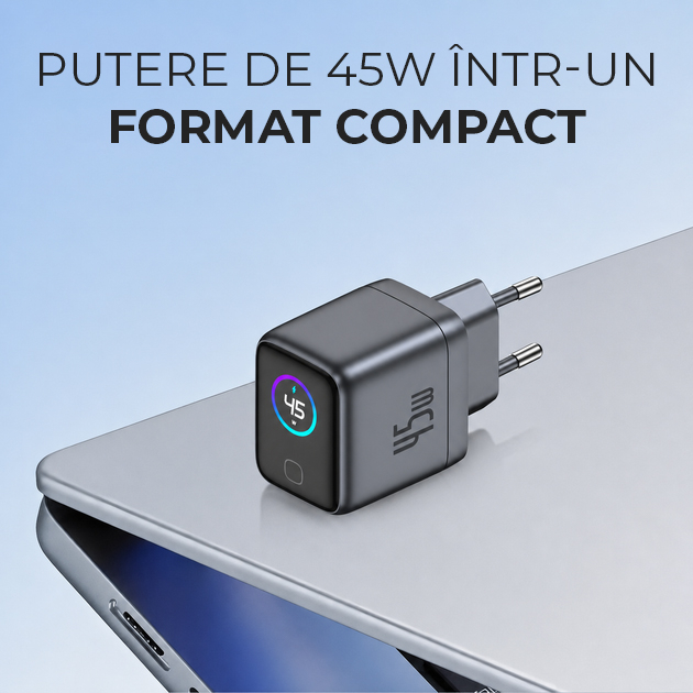 Incarcator 45W Turbo Fast Charge GaN cu Afisaj Digital TFT DaDen, Cablu Type C Inclus, 1x USB Type-C, Incarcare Rapida Power Delivery PD 3.2 AVS, Monitorizare Putere si Temperatura, Protectie Intelige [8]