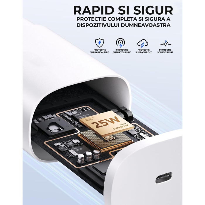 Incarcator 25W Fast Charge, Daden, USB Type-C, Incarcare Rapida, Power Delivery, Protectie inteligenta, Alb [3]