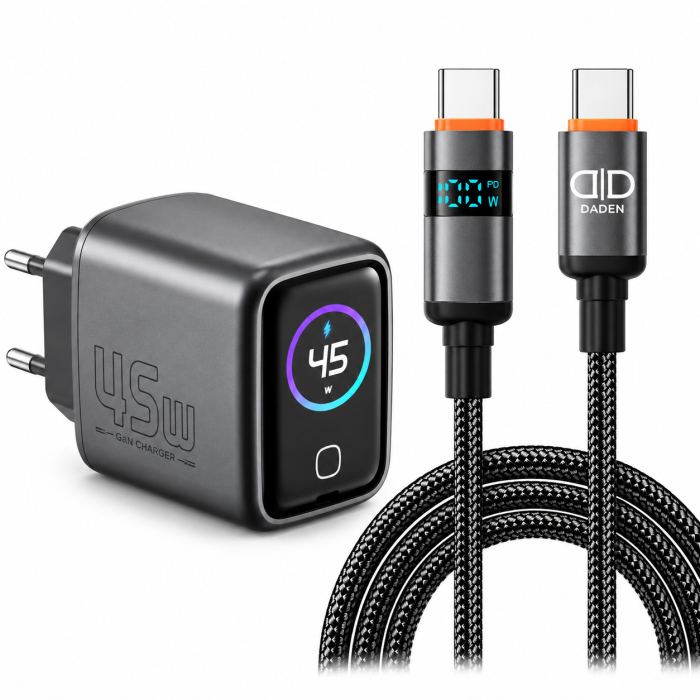 Incarcator 45W Turbo Fast Charge GaN cu Afisaj Digital TFT DaDen, Cablu Type C Inclus, 1x USB Type-C, Incarcare Rapida Power Delivery PD 3.2 AVS, Monitorizare Putere si Temperatura, Protectie Intelige [1]