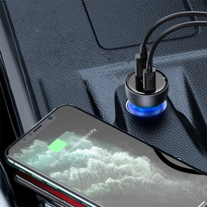Incarcator auto Baseus, Type-C PD3.0, USB QC4.0, 65W, Gri [6]