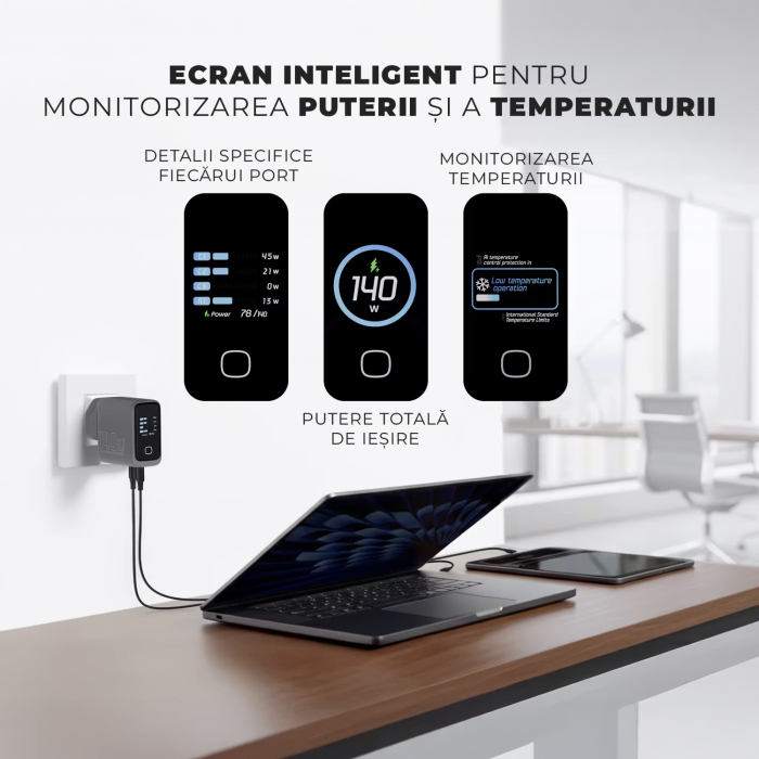 Incarcator 140W Turbo Fast Charge GaN cu Afisaj Digital, Daden, 3xUSB Type-C, 1xUSB Type-A, Incarcare Rapida, Power Delivery 3.1, Protectie inteligenta, Negru [4]