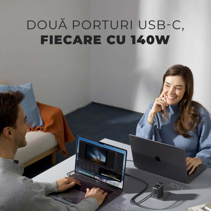 Incarcator 140W Turbo Fast Charge GaN cu Afisaj Digital, Daden, 3xUSB Type-C, 1xUSB Type-A, Incarcare Rapida, Power Delivery 3.1, Protectie inteligenta, Negru [6]