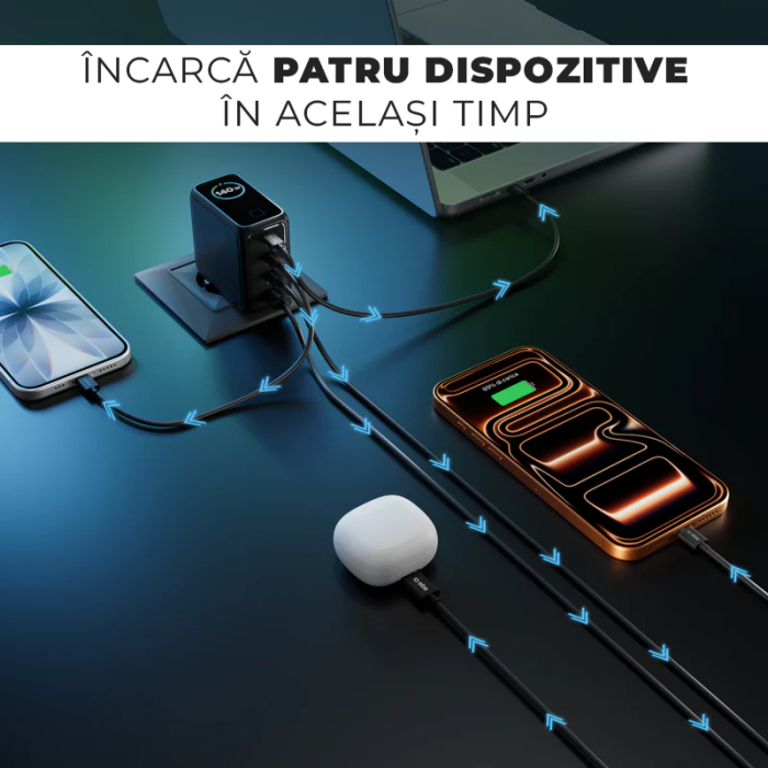 Incarcator 140W Turbo Fast Charge GaN cu Afisaj Digital, Daden, 3xUSB Type-C, 1xUSB Type-A, Incarcare Rapida, Power Delivery 3.1, Protectie inteligenta, Negru [9]