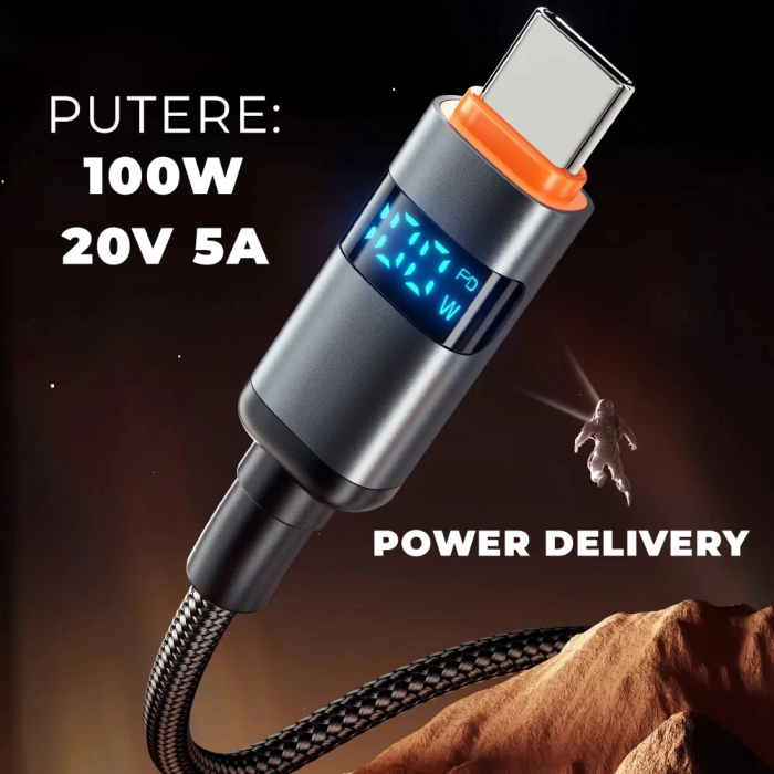 Cablu USB-C la USB-C 100W cu Afisaj Digital, DaDen, Incarcare Rapida, Ultra Rezistent, Material Textil, Fast charge, 5A, USB la USB-C, 1 metru, Negru/Gri [7]