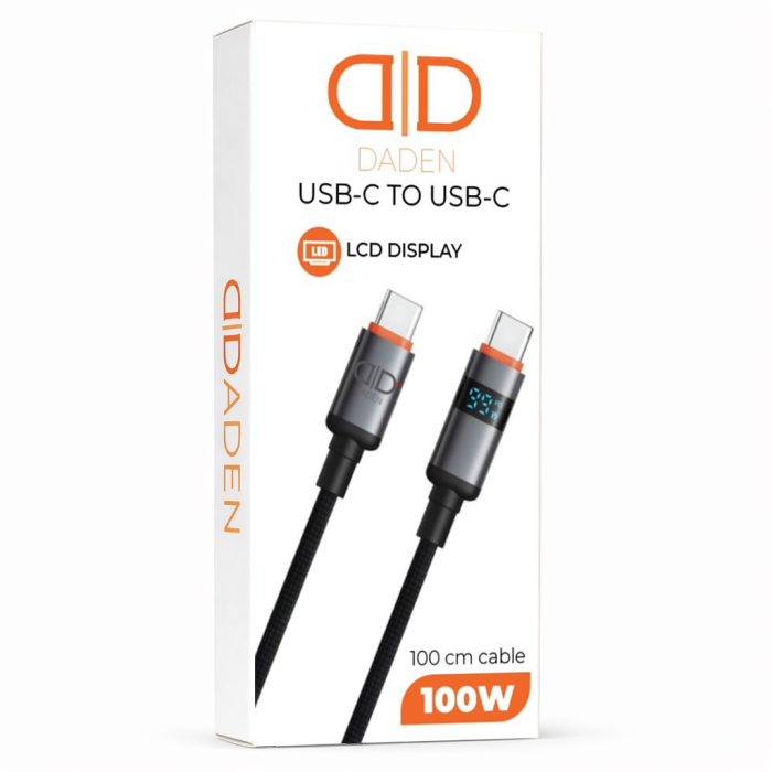 Cablu USB-C la USB-C 100W cu Afisaj Digital, DaDen, Incarcare Rapida, Ultra Rezistent, Material Textil, Fast charge, 5A, USB la USB-C, 1 metru, Negru/Gri [10]
