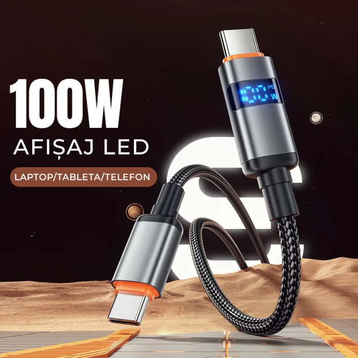 Cablu USB-C la USB-C 100W cu Afisaj Digital, DaDen, Incarcare Rapida, Ultra Rezistent, Material Textil, Fast charge, 5A, USB la USB-C, 1 metru, Negru/Gri [8]