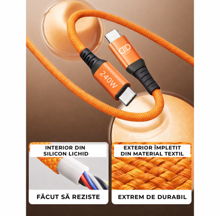 Cablu USB-C la USB-C 240W, DaDen, Incarcare Rapida, Ultra Rezistent, Material Textil, Fast charge, 5A, USB la USB-C, 1 metru, Portocaliu [5]