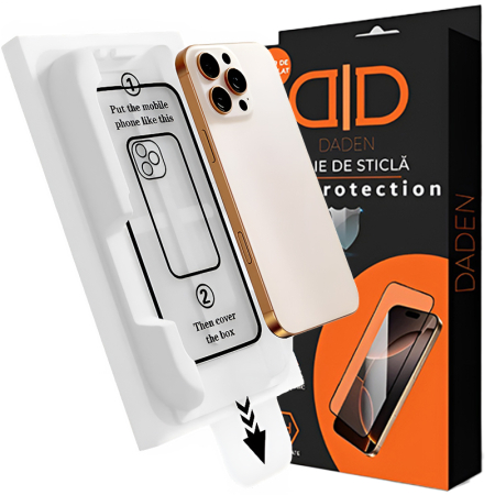 Folii ecran - Folie Sticla pentru iPhone 17 cu aplicator Daden MagicBox, Full Cover, Protectie Profesionala, Ultra Rezistenta, Calitate Premium, Margini negre - Copie
