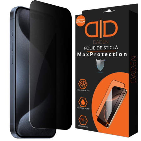 Folii ecran - Folie Sticla Privacy pentru iPhone 17 Pro Max Daden MaxProtection, Full Cover, Protectie Profesionala, Ultra Rezistenta, Calitate Premium, Margini negre