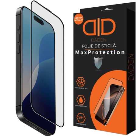 Folii ecran - Folie Sticla pentru iPhone 16 Pro Daden MaxProtection, Full Cover, Protectie Profesionala, Ultra Rezistenta, Calitate Premium, Margini negre