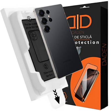 Folii ecran - Folie Sticla Privacy pentru Samsung S25 Ultra cu aplicator Daden MagicBox, Full Cover, Protectie Profesionala, Ultra Rezistenta, Calitate Premium, Margini negre