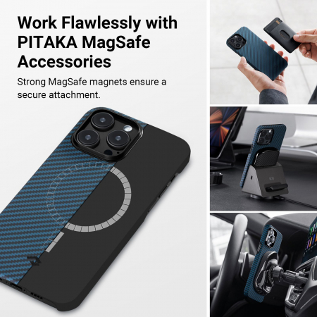 Husa MagEZ 4 Pitaka, Aramida iPhone 15 Plus 1500D Negru/Albastru MagSafe [15]
