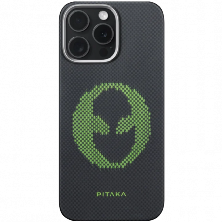 Apple - Husa MagEZ 5 Pitaka Alien Luminoasa, Aramida 600D iPhone 16 Pro, Negru/Gri, MagSafe, Ultra Slim