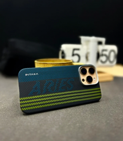 Husa MagEZ 5 Pitaka Aries Luminoasa, Aramida 600D iPhone 16 Pro, Negru/Gri, MagSafe, Ultra Slim [6]