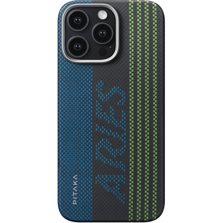 Apple - Husa MagEZ 5 Pitaka Aries Luminoasa, Aramida 600D iPhone 16 Pro, Negru/Gri, MagSafe, Ultra Slim