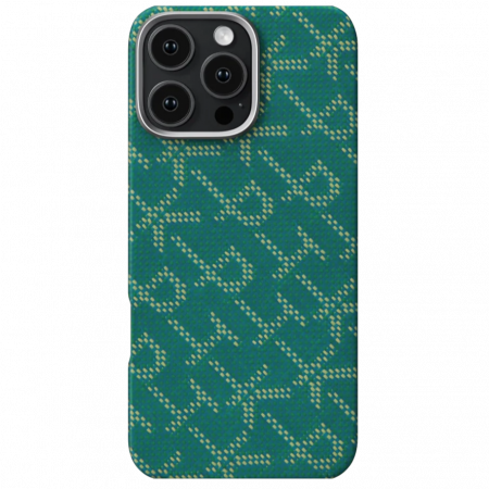 Apple - Husa PITAKA MagEZ Case 5 Monogram din Fibra de Aramida 600D, pentru iPhone 16 Pro, Auriu/Verde, Ultra Slim, Compatibila MagSafe