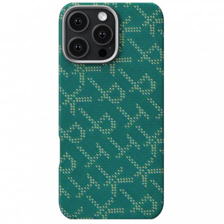 Monogram - Husa PITAKA MagEZ Case 5 Monogram din Fibra de Aramida 600D, pentru iPhone 16 Pro Max, Auriu/Verde, Ultra Slim, Compatibila MagSafe