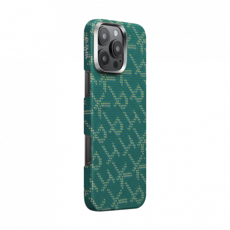 Husa PITAKA MagEZ Case 5 Monogram din Fibra de Aramida 600D, pentru iPhone 16 Pro, Auriu/Verde, Ultra Slim, Compatibila MagSafe [1]
