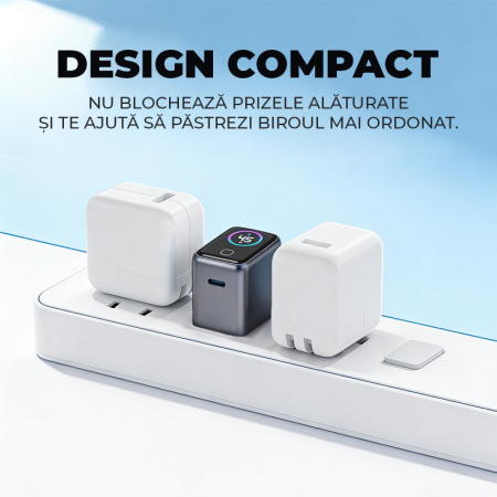 Incarcator 45W Turbo Fast Charge GaN cu Afisaj Digital TFT DaDen, 1x USB Type-C, Incarcare Rapida Power Delivery PD 3.2 AVS, Monitorizare Putere si Temperatura, Protectie Inteligenta, Gri [11]