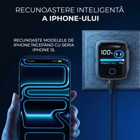 Incarcator 45W Turbo Fast Charge GaN cu Afisaj Digital TFT DaDen, 1x USB Type-C, Incarcare Rapida Power Delivery PD 3.2 AVS, Monitorizare Putere si Temperatura, Protectie Inteligenta, Gri [8]