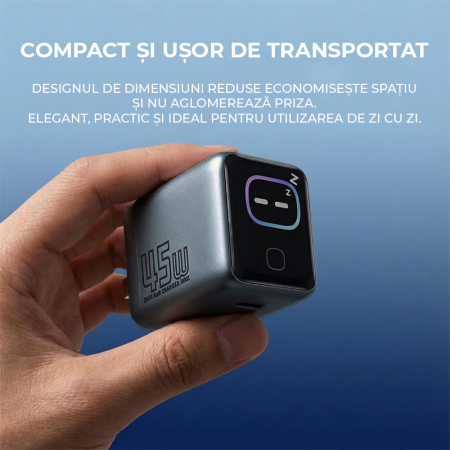 Incarcator 45W Turbo Fast Charge GaN cu Afisaj Digital TFT DaDen, 1x USB Type-C, Incarcare Rapida Power Delivery PD 3.2 AVS, Monitorizare Putere si Temperatura, Protectie Inteligenta, Gri [9]