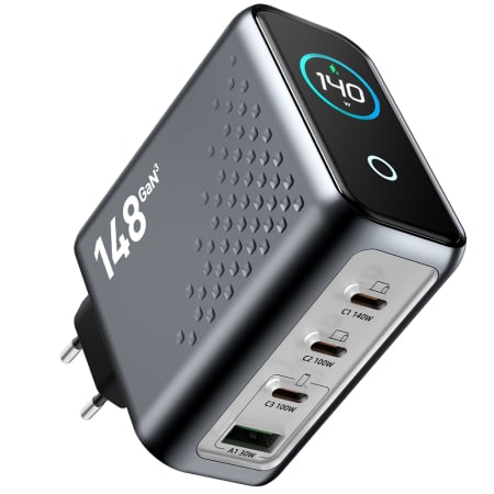 Accesorii - Incarcator 140W Turbo Fast Charge GaN cu Afisaj Digital, Daden, 3xUSB Type-C, 1xUSB Type-A, Incarcare Rapida, Power Delivery 3.1, Protectie inteligenta, Negru