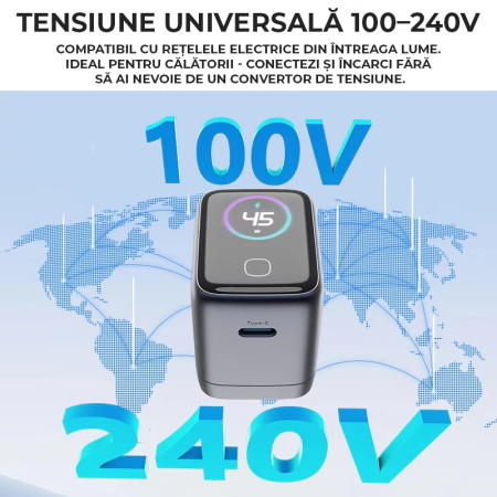 Incarcator 45W Turbo Fast Charge GaN cu Afisaj Digital TFT DaDen, 1x USB Type-C, Incarcare Rapida Power Delivery PD 3.2 AVS, Monitorizare Putere si Temperatura, Protectie Inteligenta, Gri [10]