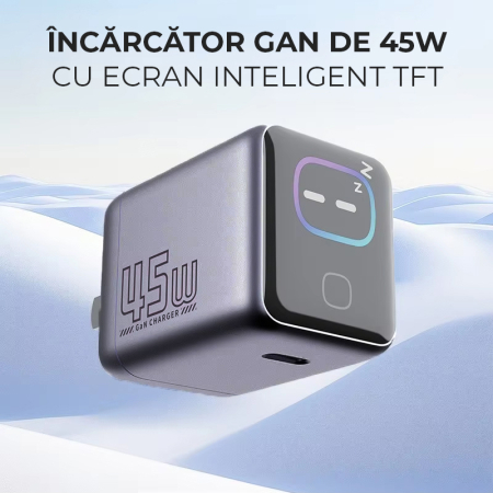 Incarcator 45W Turbo Fast Charge GaN cu Afisaj Digital TFT DaDen, 1x USB Type-C, Incarcare Rapida Power Delivery PD 3.2 AVS, Monitorizare Putere si Temperatura, Protectie Inteligenta, Gri [12]