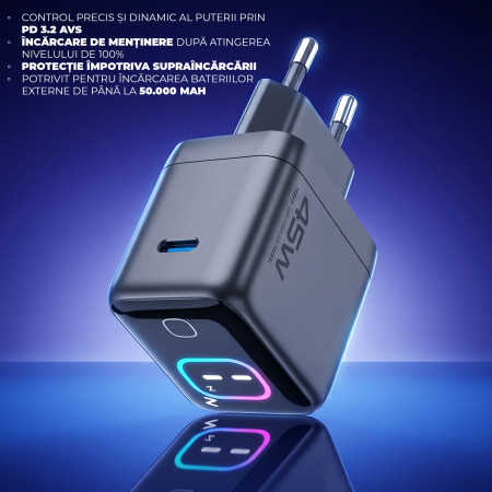 Incarcator 45W Turbo Fast Charge GaN cu Afisaj Digital TFT DaDen, Cablu Type C Inclus, 1x USB Type-C, Incarcare Rapida Power Delivery PD 3.2 AVS, Monitorizare Putere si Temperatura, Protectie Intelige [3]