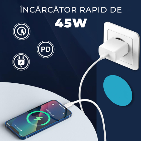 Incarcator 45W Turbo Fast Charge, Daden, USB Type-C, Incarcare Rapida, Power Delivery, Protectie inteligenta, Alb [3]