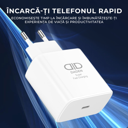 Incarcator 45W Turbo Fast Charge, Daden, USB Type-C, Incarcare Rapida, Power Delivery, Protectie inteligenta, Alb [5]