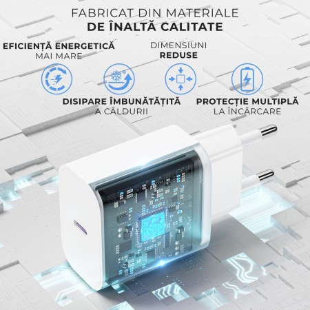 Incarcator 45W Turbo Fast Charge, Daden, USB Type-C, Incarcare Rapida, Power Delivery, Protectie inteligenta, Alb [4]