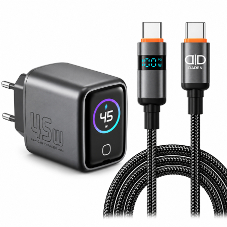 Accesorii - Incarcator 45W Turbo Fast Charge GaN cu Afisaj Digital TFT DaDen, Cablu Type C Inclus, 1x USB Type-C, Incarcare Rapida Power Delivery PD 3.2 AVS, Monitorizare Putere si Temperatura, Protectie Intelige
