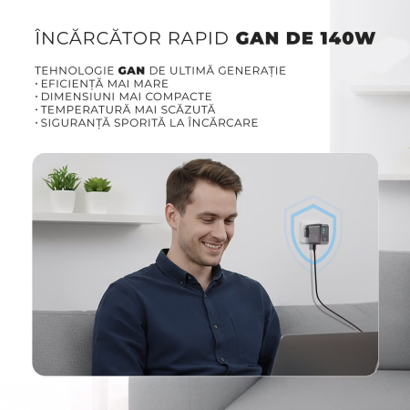 Incarcator 140W Turbo Fast Charge GaN cu Afisaj Digital, Daden, 3xUSB Type-C, 1xUSB Type-A, Incarcare Rapida, Power Delivery 3.1, Protectie inteligenta, Negru [4]