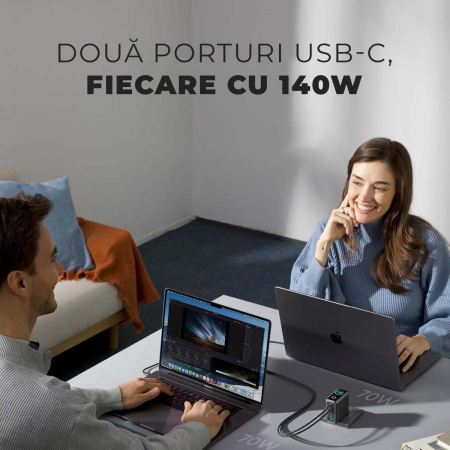 Incarcator 140W Turbo Fast Charge GaN cu Afisaj Digital, Daden, 3xUSB Type-C, 1xUSB Type-A, Incarcare Rapida, Power Delivery 3.1, Protectie inteligenta, Negru [5]