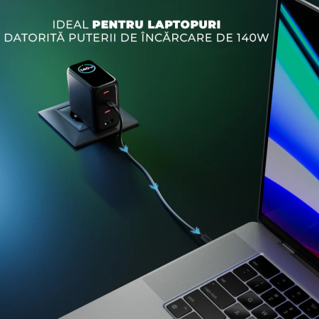 Incarcator 140W Turbo Fast Charge GaN cu Afisaj Digital, Daden, 3xUSB Type-C, 1xUSB Type-A, Incarcare Rapida, Power Delivery 3.1, Protectie inteligenta, Negru [6]