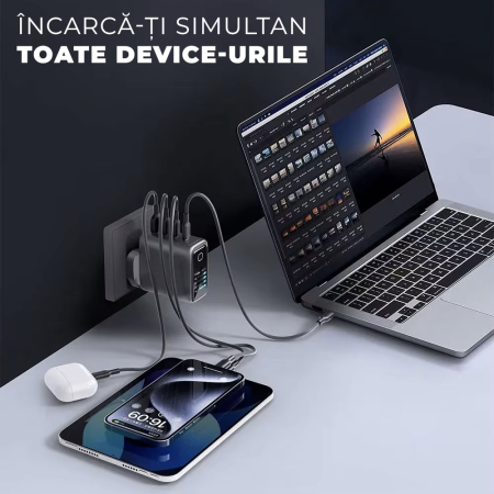 Incarcator 140W Turbo Fast Charge GaN cu Afisaj Digital, Daden, 3xUSB Type-C, 1xUSB Type-A, Incarcare Rapida, Power Delivery 3.1, Protectie inteligenta, Negru [12]