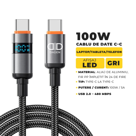 Cablu USB-C la USB-C 100W cu Afisaj Digital, DaDen, Incarcare Rapida, Ultra Rezistent, Material Textil, Fast charge, 5A, USB la USB-C, 1 metru, Negru/Gri [4]