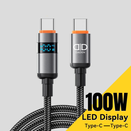 Cablu USB-C la USB-C 100W cu Afisaj Digital, DaDen, Incarcare Rapida, Ultra Rezistent, Material Textil, Fast charge, 5A, USB la USB-C, 1 metru, Negru/Gri [8]