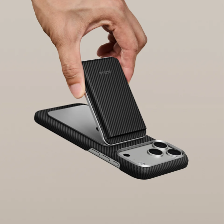 Portofel PITAKA Carry MagMod Stand Wallet, MagSafe, Stand Reglabil 0-120°, Fibra de Aramida, Negru/Gri (Twill) [6]