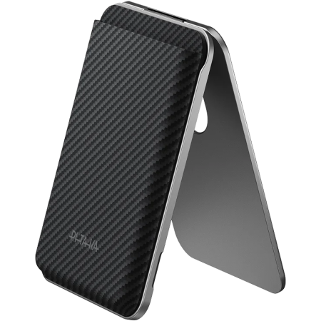Carcase Pitaka - Portofel PITAKA Carry MagMod Stand Wallet, MagSafe, Stand Reglabil 0-120°, Fibra de Aramida, Negru/Gri (Twill)