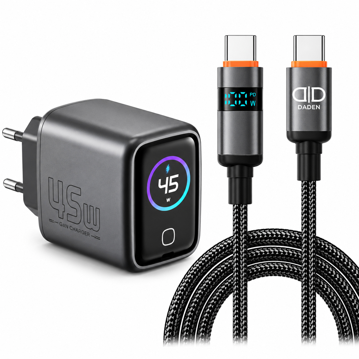 Incarcator 45W Turbo Fast Charge GaN cu Afisaj Digital TFT DaDen, Cablu Type C Inclus, 1x USB Type-C, Incarcare Rapida Power Delivery PD 3.2 AVS,
