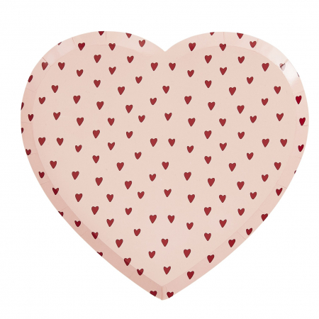 Accesorii Pentru Masa - set 8 farfurii din carton roz eco in forma de inima inscriptionate cu inimioare